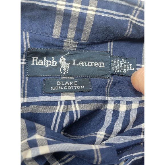 Ralph Lauren‎ Button Down Shirt Size Large Long Sleeve Blue Gray Plaid Logo - Picture 4 of 5